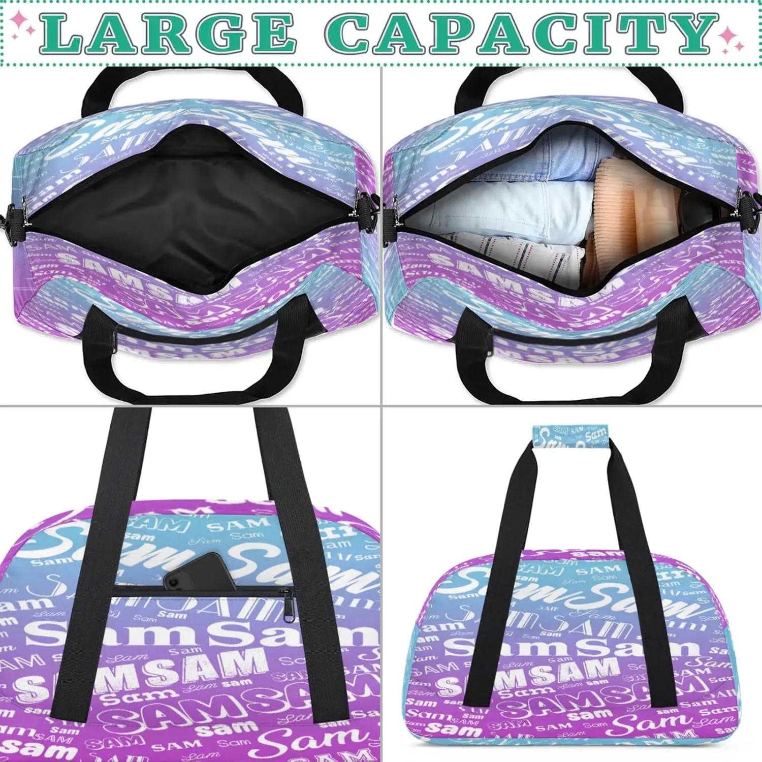 Personalized Name Gym Duffel Bag, Custom Sport Duffle Bags, Custom Overnight Weekender Bag Travel Bag for Dance Cheer Gymnastics Swimming, Blue Purple Gradient