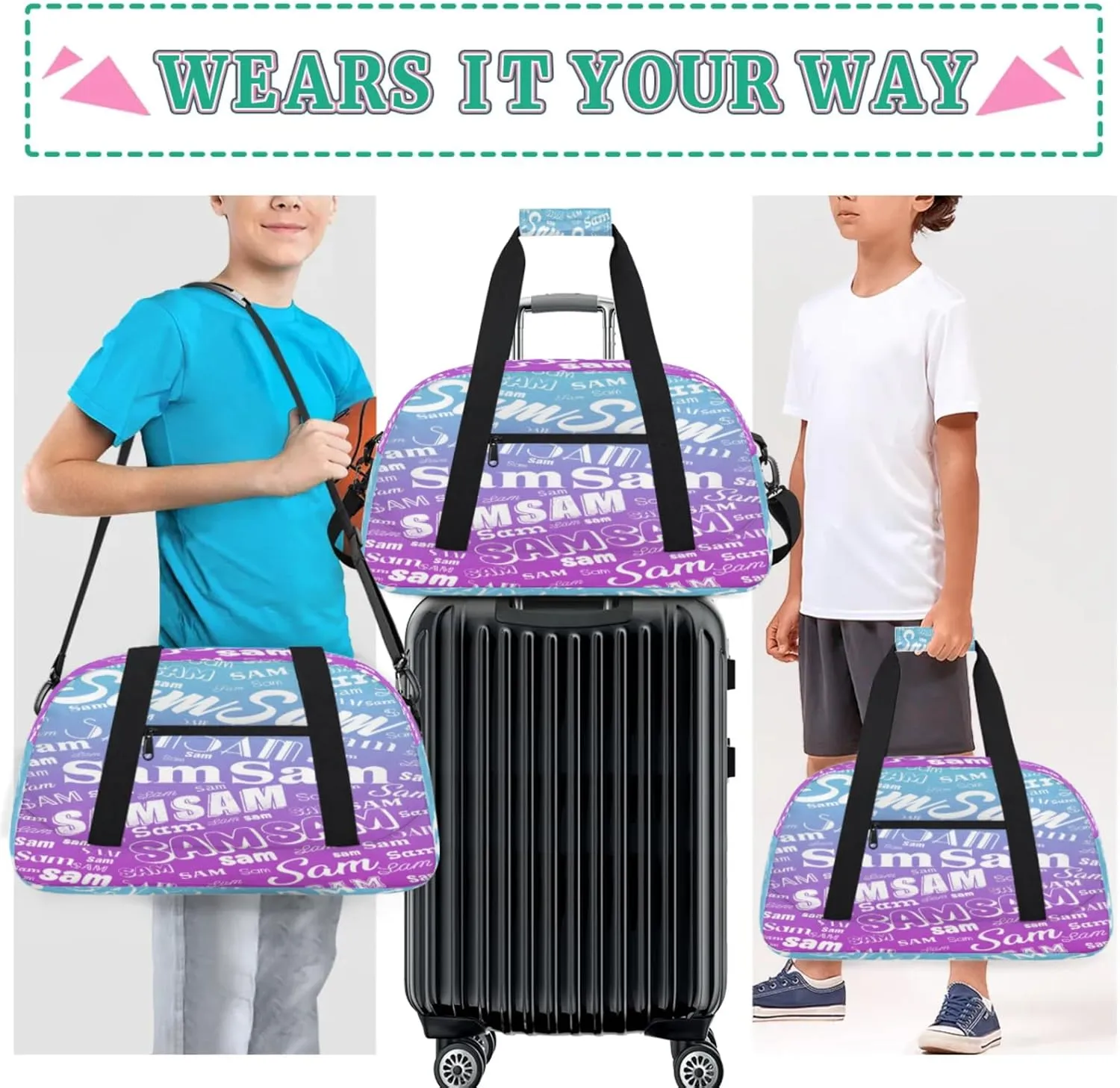 Personalized Name Gym Duffel Bag, Custom Sport Duffle Bags, Custom Overnight Weekender Bag Travel Bag for Dance Cheer Gymnastics Swimming, Blue Purple Gradient