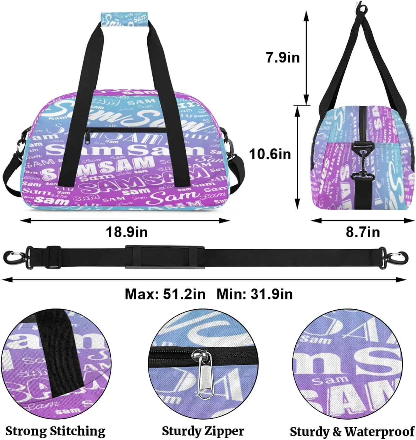 Personalized Name Gym Duffel Bag, Custom Sport Duffle Bags, Custom Overnight Weekender Bag Travel Bag for Dance Cheer Gymnastics Swimming, Blue Purple Gradient