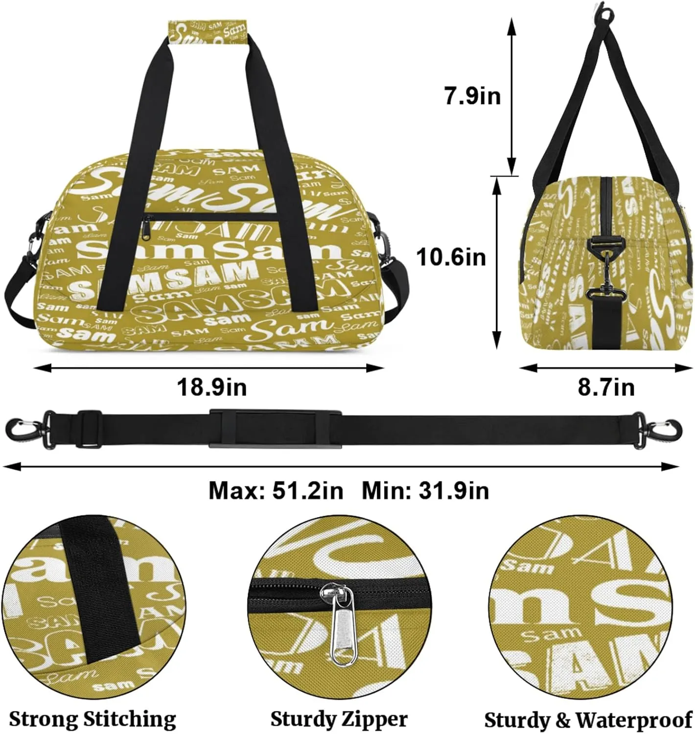 Personalized Name Gym Duffel Bag, Custom Sport Duffle Bags, Custom Overnight Weekender Bag Travel Bag for Dance Cheer Gymnastics Swimming, Brown