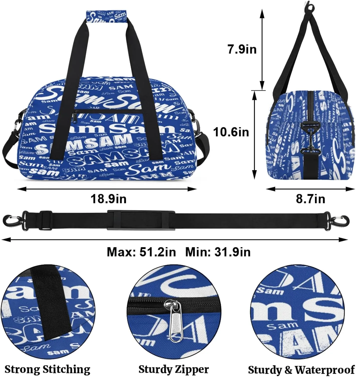 Personalized Name Gym Duffel Bag, Custom Sport Duffle Bags, Custom Overnight Weekender Bag Travel Bag for Dance Cheer Gymnastics Swimming, Cobalt Blue