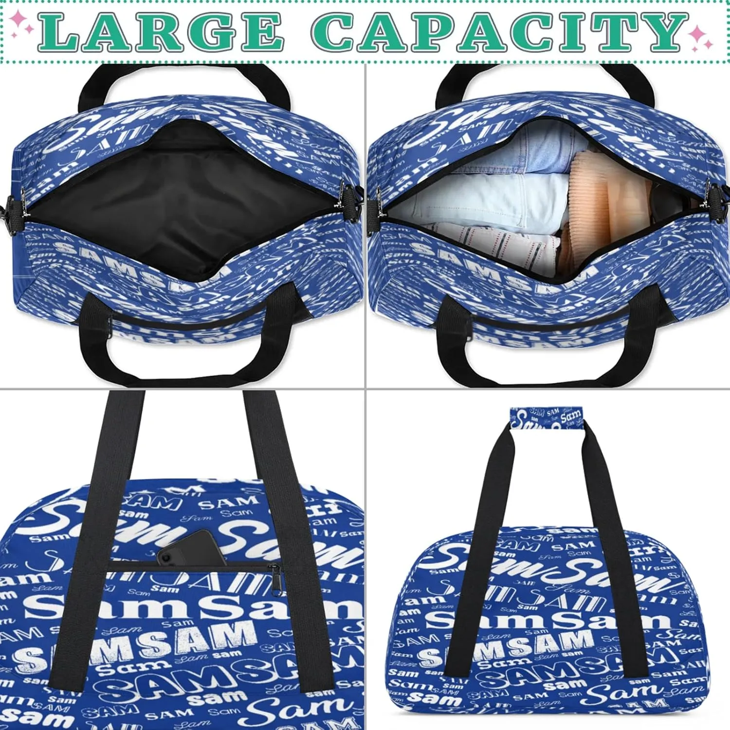 Personalized Name Gym Duffel Bag, Custom Sport Duffle Bags, Custom Overnight Weekender Bag Travel Bag for Dance Cheer Gymnastics Swimming, Cobalt Blue