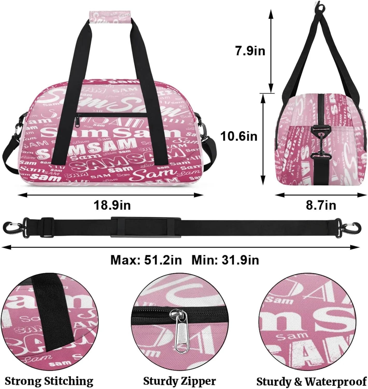 Personalized Name Gym Duffel Bag, Custom Sport Duffle Bags, Custom Overnight Weekender Bag Travel Bag for Dance Cheer Gymnastics Swimming, Dark Pink Gradient