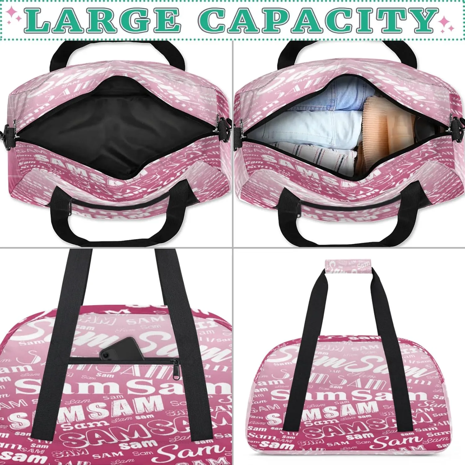 Personalized Name Gym Duffel Bag, Custom Sport Duffle Bags, Custom Overnight Weekender Bag Travel Bag for Dance Cheer Gymnastics Swimming, Dark Pink Gradient