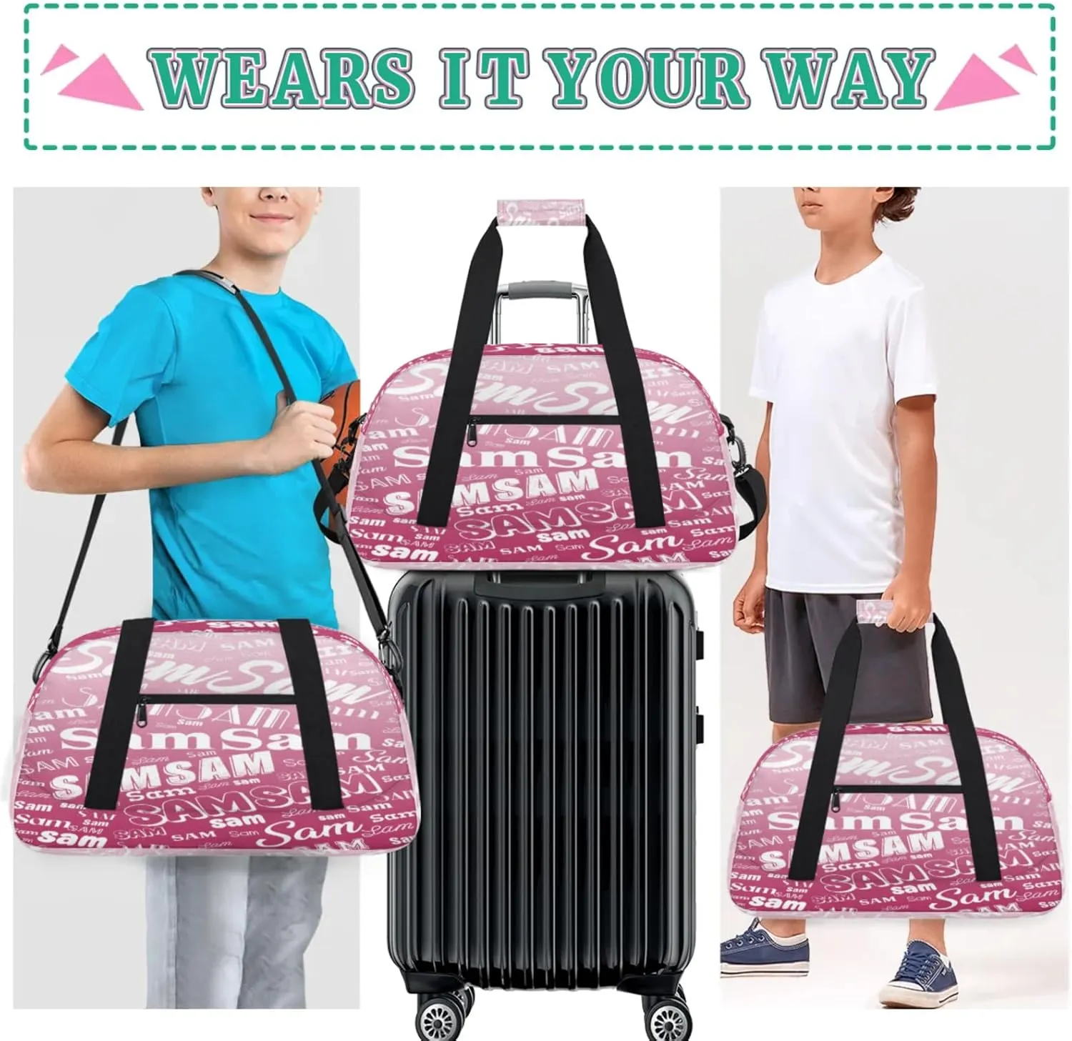 Personalized Name Gym Duffel Bag, Custom Sport Duffle Bags, Custom Overnight Weekender Bag Travel Bag for Dance Cheer Gymnastics Swimming, Dark Pink Gradient
