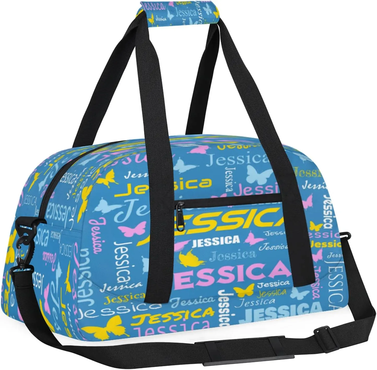 Personalized Name Sport Duffel Bag Dance Bags for Women Men, Butterflies Custom Gym Travel Bags, Custom Overnight Bags Weekender Bag, Cobalt Blue