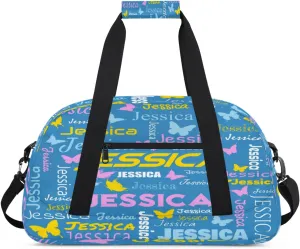 Personalized Name Sport Duffel Bag Dance Bags for Women Men, Butterflies Custom Gym Travel Bags, Custom Overnight Bags Weekender Bag, Cobalt Blue
