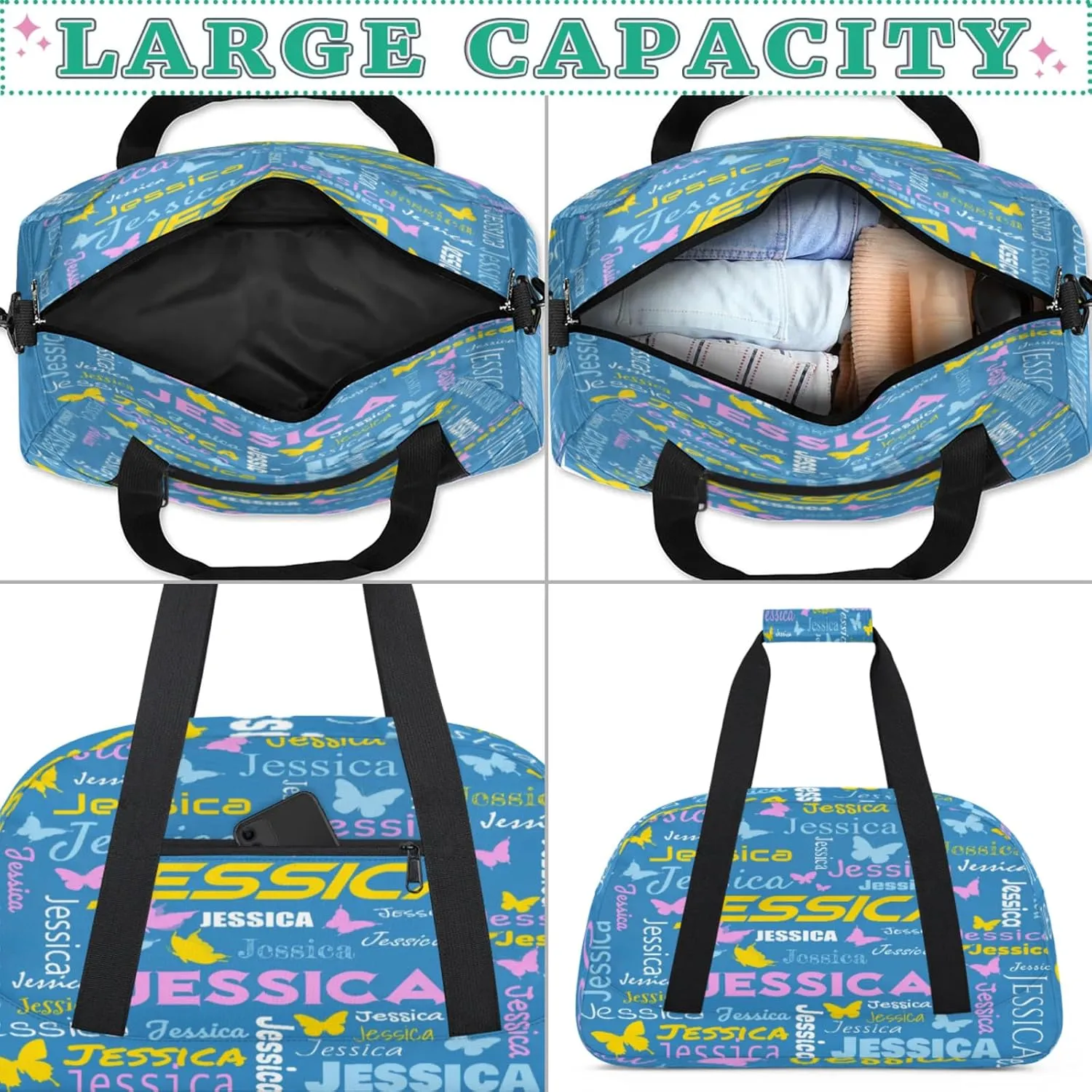 Personalized Name Sport Duffel Bag Dance Bags for Women Men, Butterflies Custom Gym Travel Bags, Custom Overnight Bags Weekender Bag, Cobalt Blue