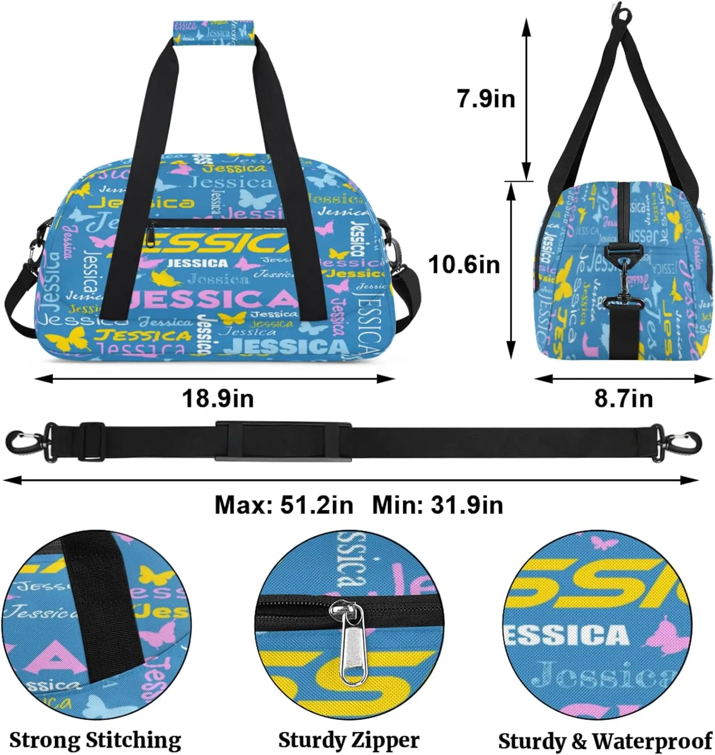 Personalized Name Sport Duffel Bag Dance Bags for Women Men, Butterflies Custom Gym Travel Bags, Custom Overnight Bags Weekender Bag, Cobalt Blue