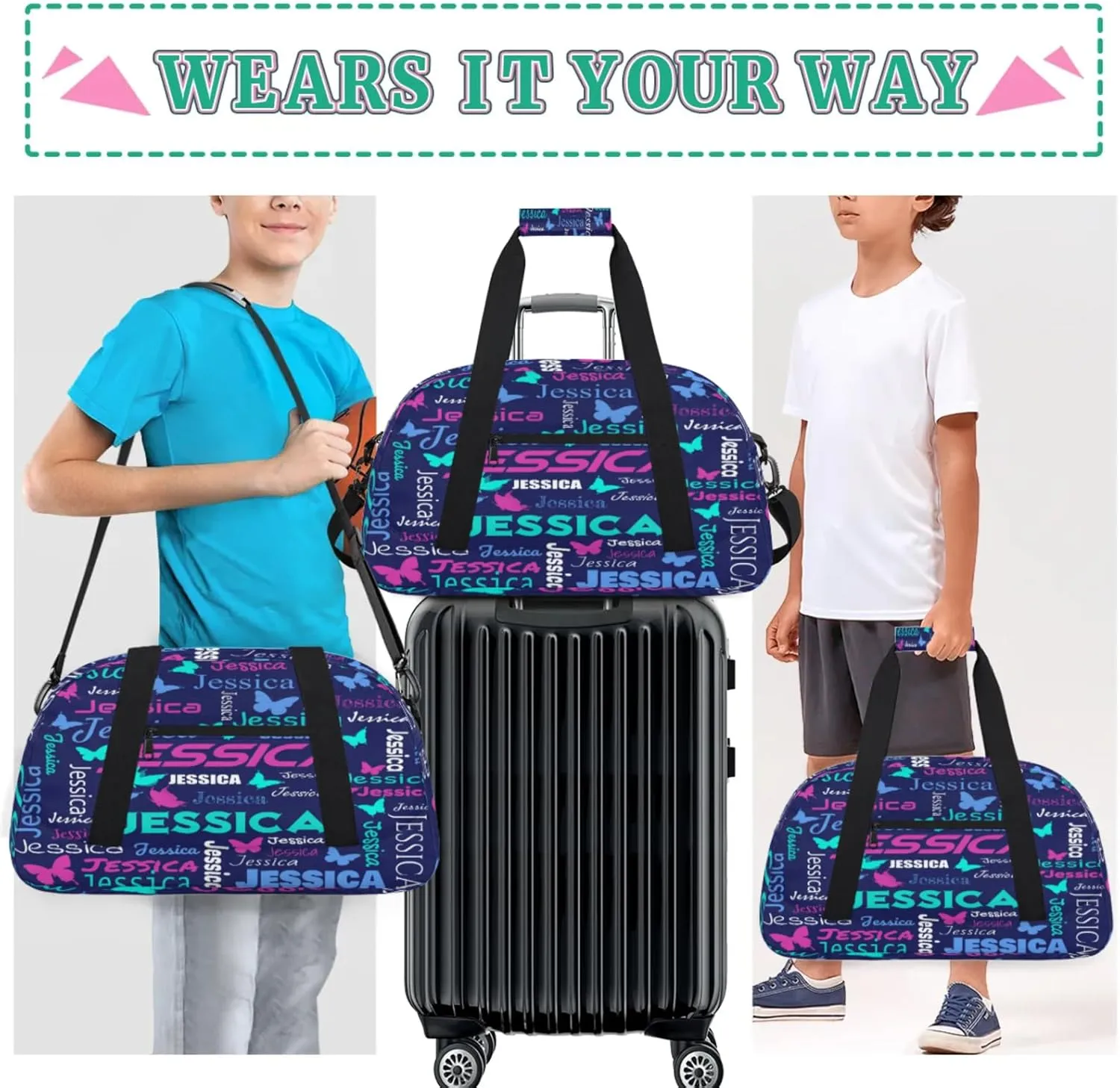 Personalized Name Sport Duffel Bag Dance Bags for Women Men, Butterflies Custom Gym Travel Bags, Custom Overnight Bags Weekender Bag, Dark Blue