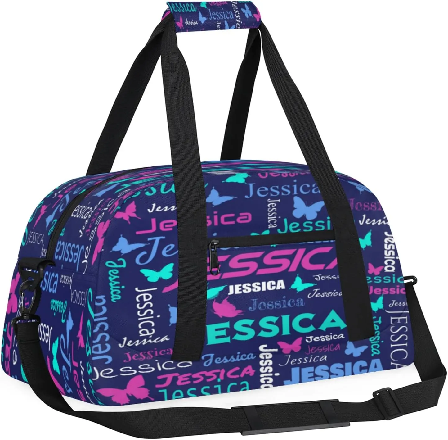 Personalized Name Sport Duffel Bag Dance Bags for Women Men, Butterflies Custom Gym Travel Bags, Custom Overnight Bags Weekender Bag, Dark Blue