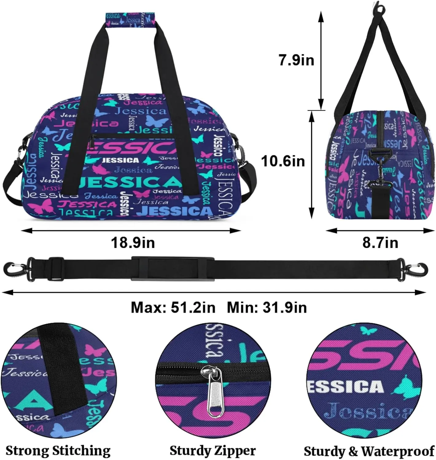 Personalized Name Sport Duffel Bag Dance Bags for Women Men, Butterflies Custom Gym Travel Bags, Custom Overnight Bags Weekender Bag, Dark Blue