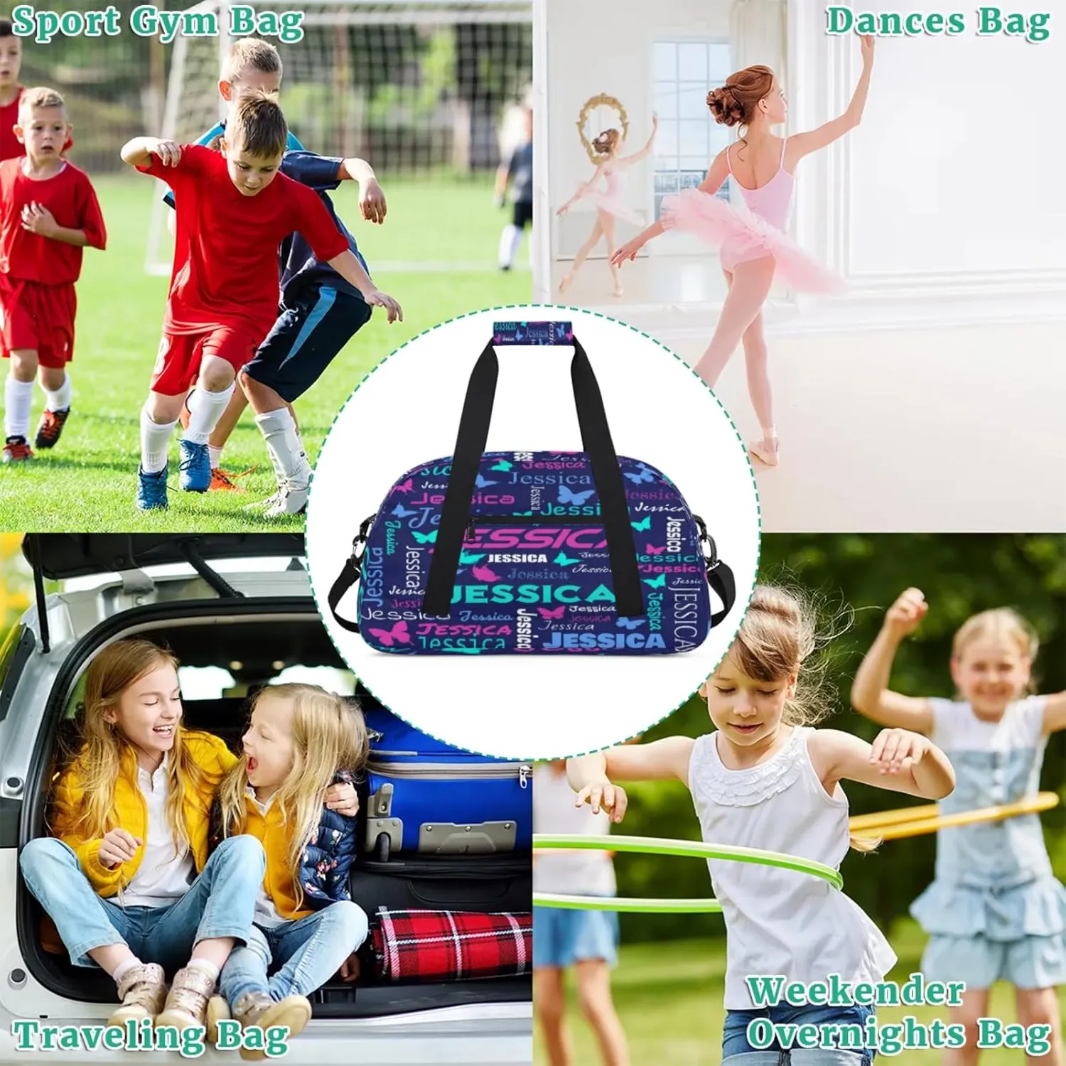 Personalized Name Sport Duffel Bag Dance Bags for Women Men, Butterflies Custom Gym Travel Bags, Custom Overnight Bags Weekender Bag, Dark Blue