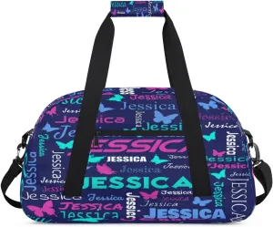 Personalized Name Sport Duffel Bag Dance Bags for Women Men, Butterflies Custom Gym Travel Bags, Custom Overnight Bags Weekender Bag, Dark Blue