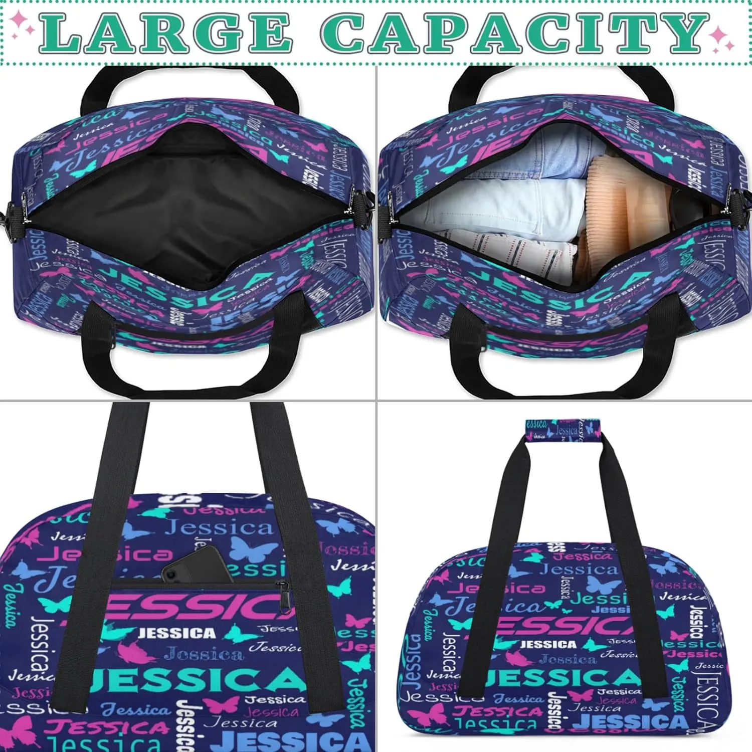 Personalized Name Sport Duffel Bag Dance Bags for Women Men, Butterflies Custom Gym Travel Bags, Custom Overnight Bags Weekender Bag, Dark Blue