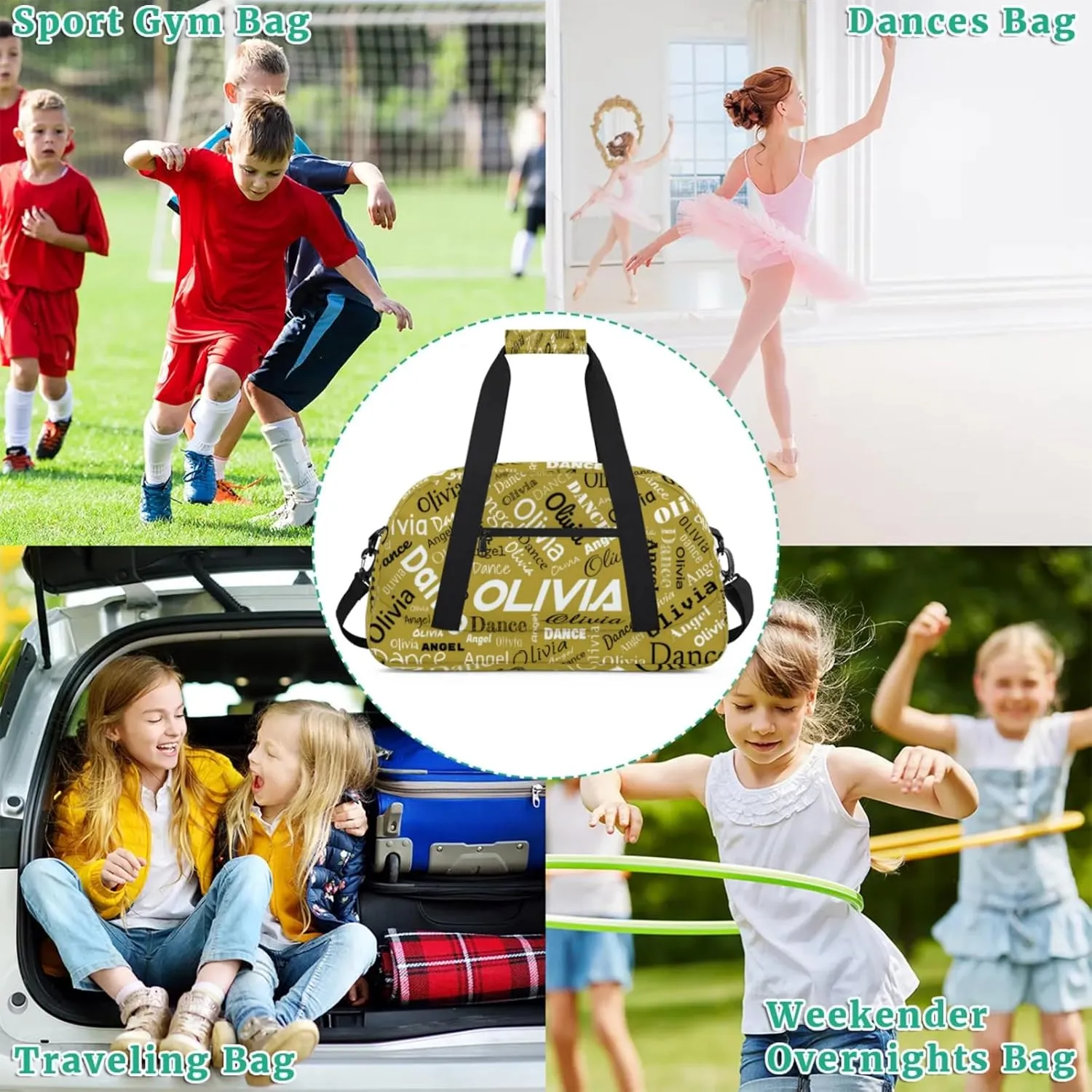Personalized Name Sports Gym Duffel Bag, Custom Dance Bag Overnight Weekender Duffel Bags for Travel, Brown