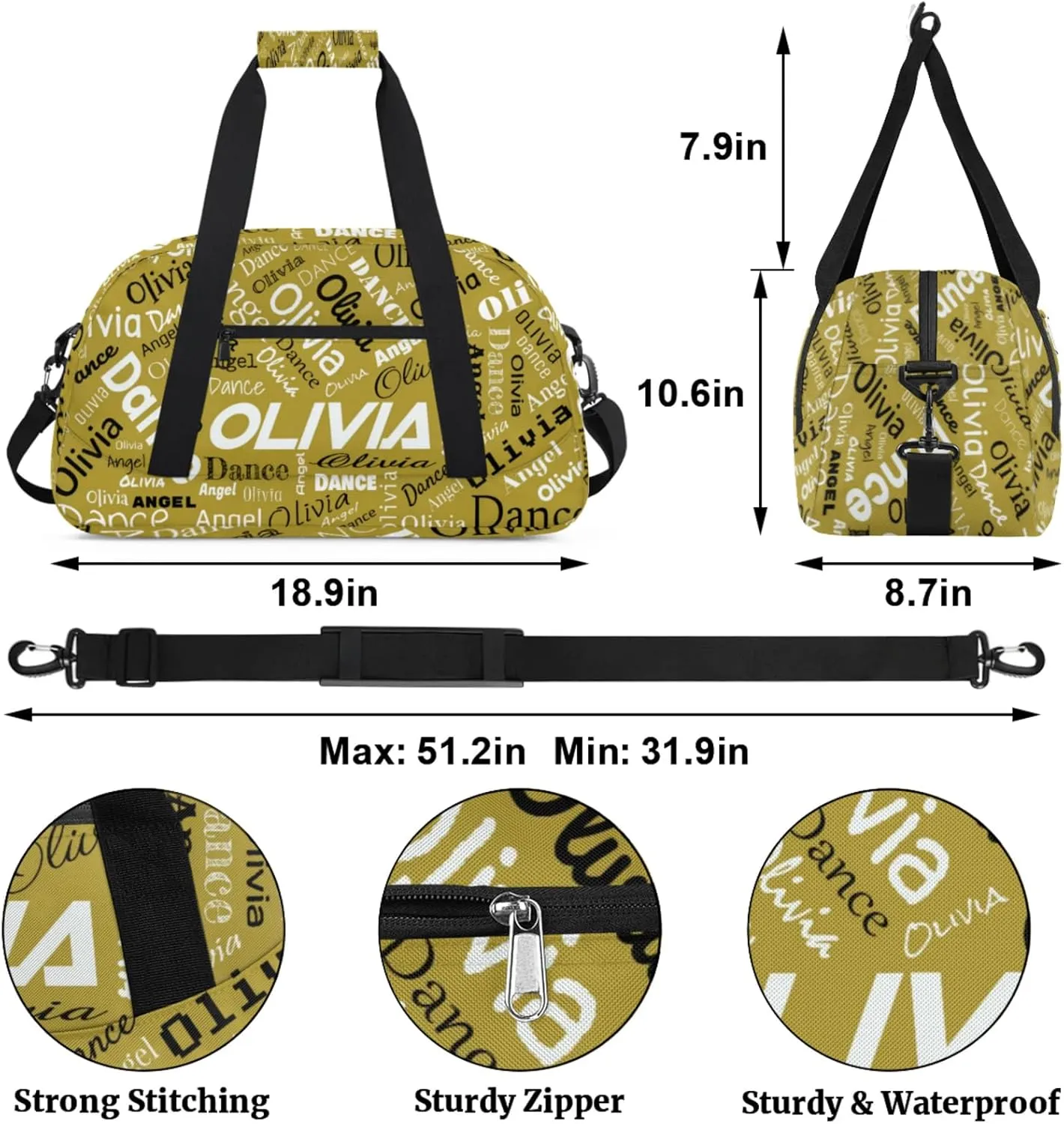 Personalized Name Sports Gym Duffel Bag, Custom Dance Bag Overnight Weekender Duffel Bags for Travel, Brown