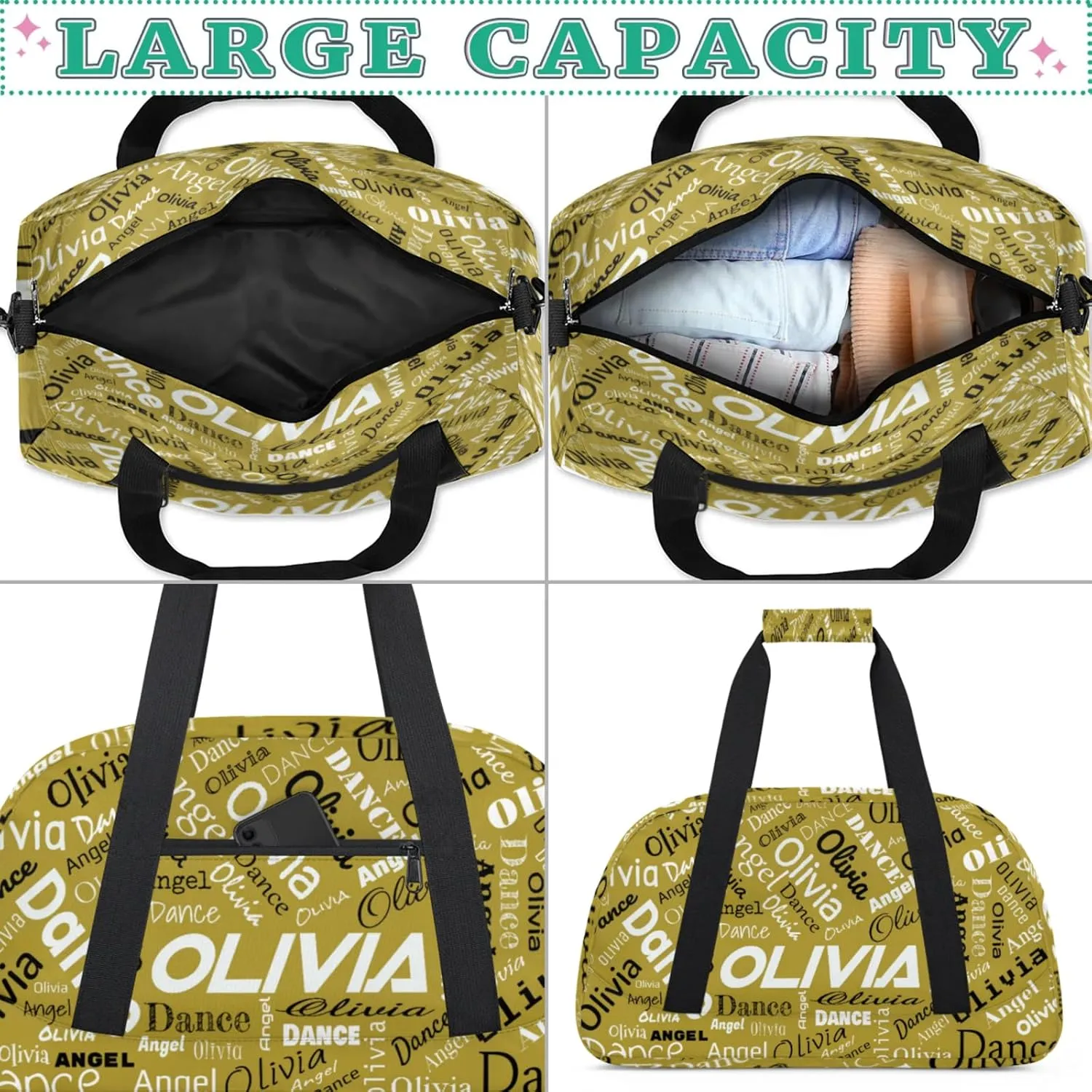 Personalized Name Sports Gym Duffel Bag, Custom Dance Bag Overnight Weekender Duffel Bags for Travel, Brown