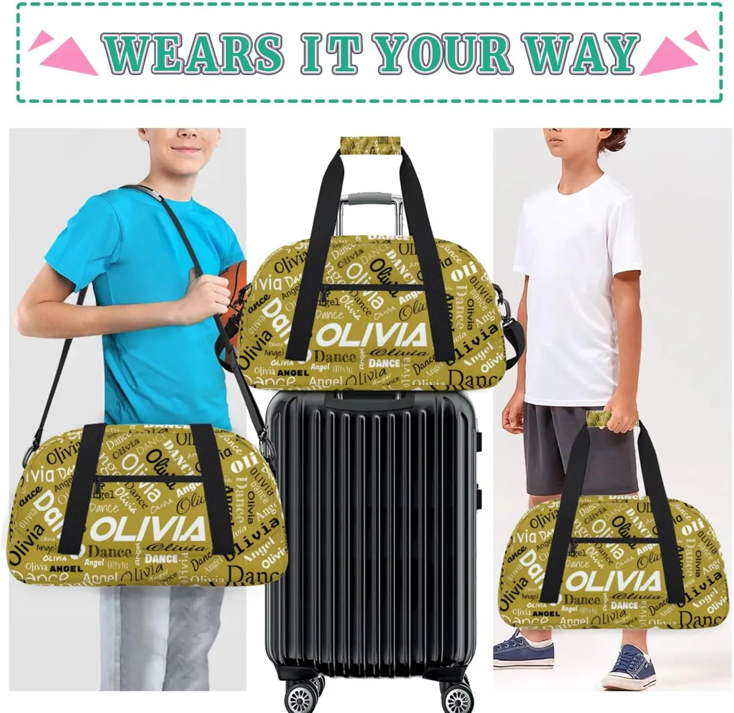 Personalized Name Sports Gym Duffel Bag, Custom Dance Bag Overnight Weekender Duffel Bags for Travel, Brown
