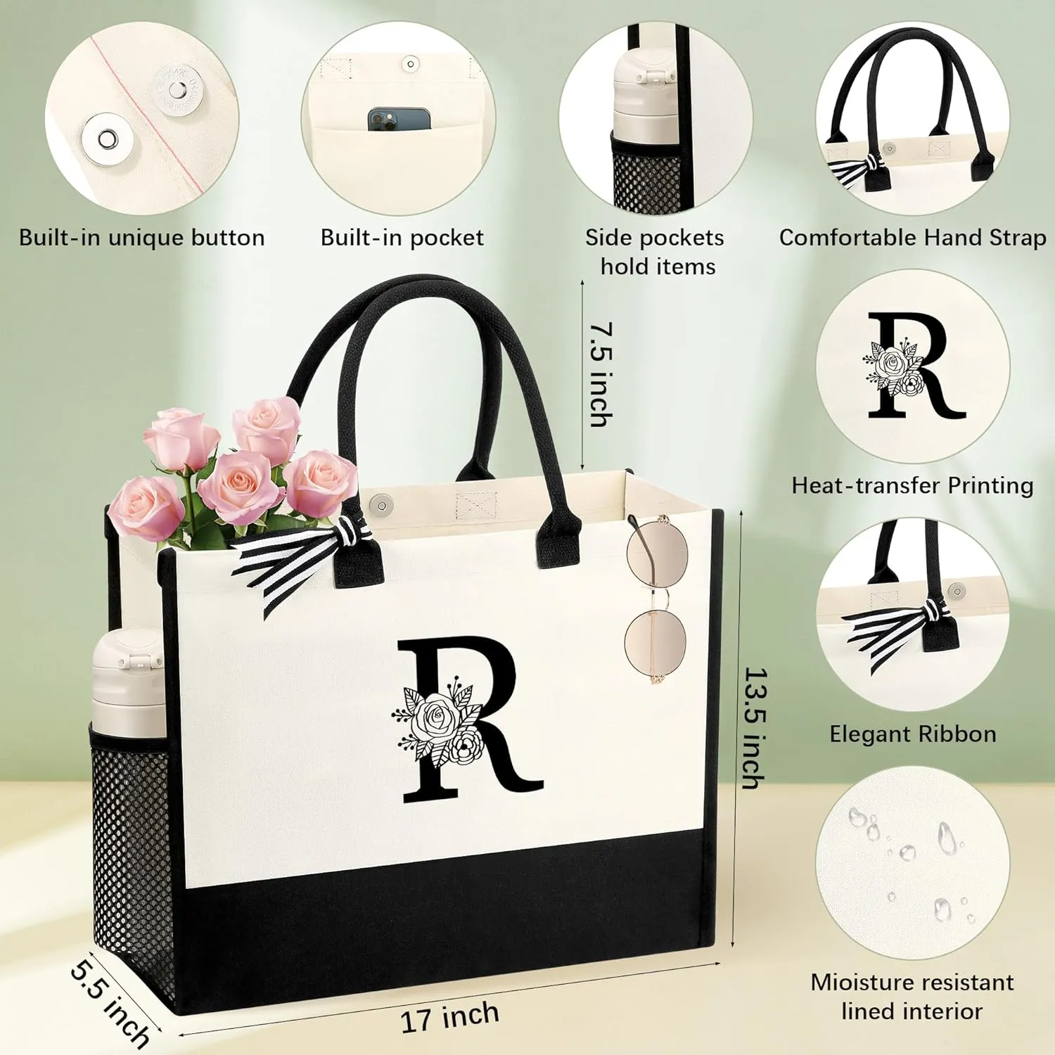 Personalized Name Tote Bag for Women, Birthday Best Friend Bridesmaid Gifts for Women Canvas Initial Tote Bags