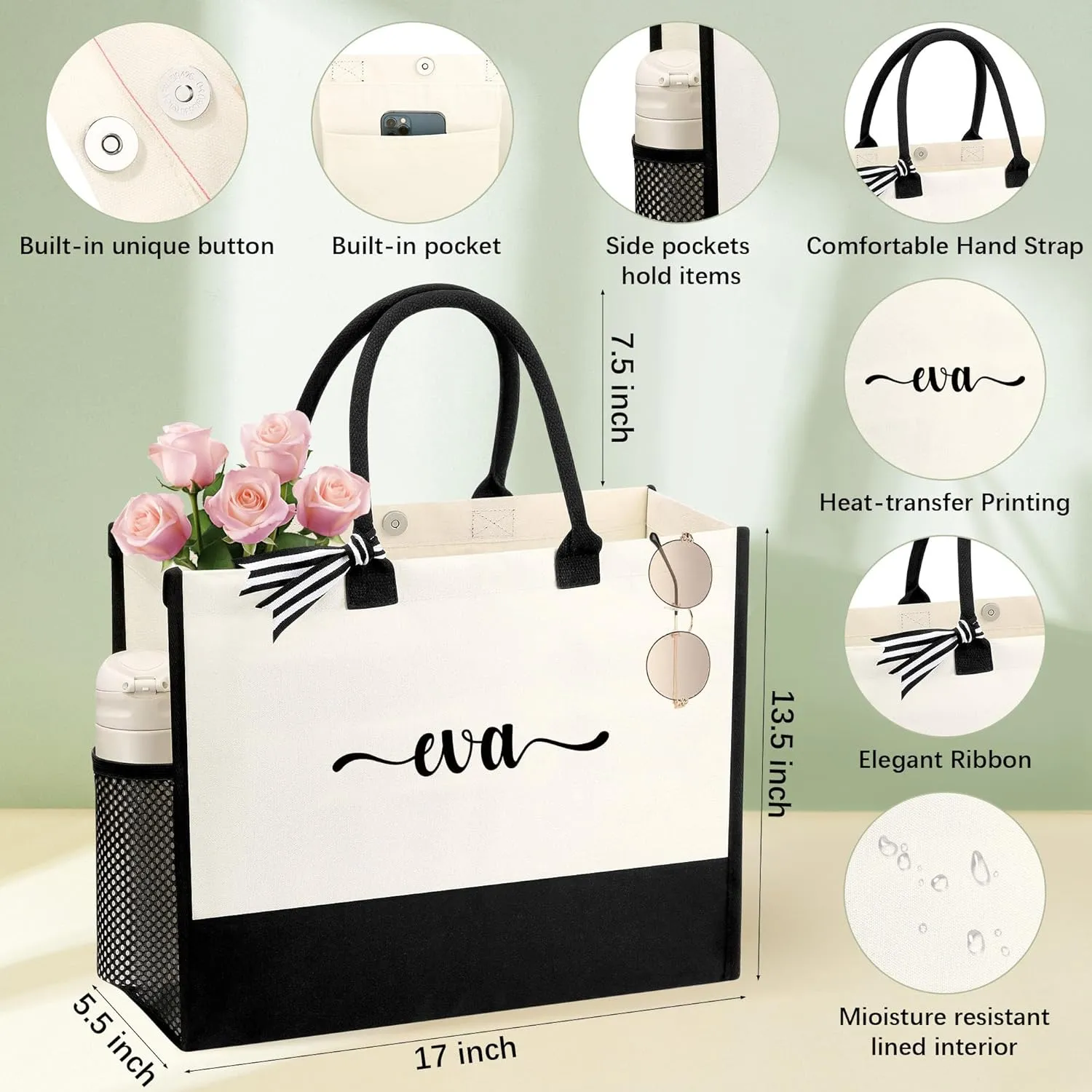 Personalized Name Tote Bag for Women, Birthday Best Friend Bridesmaid Gifts for Women Canvas Initial Tote Bags