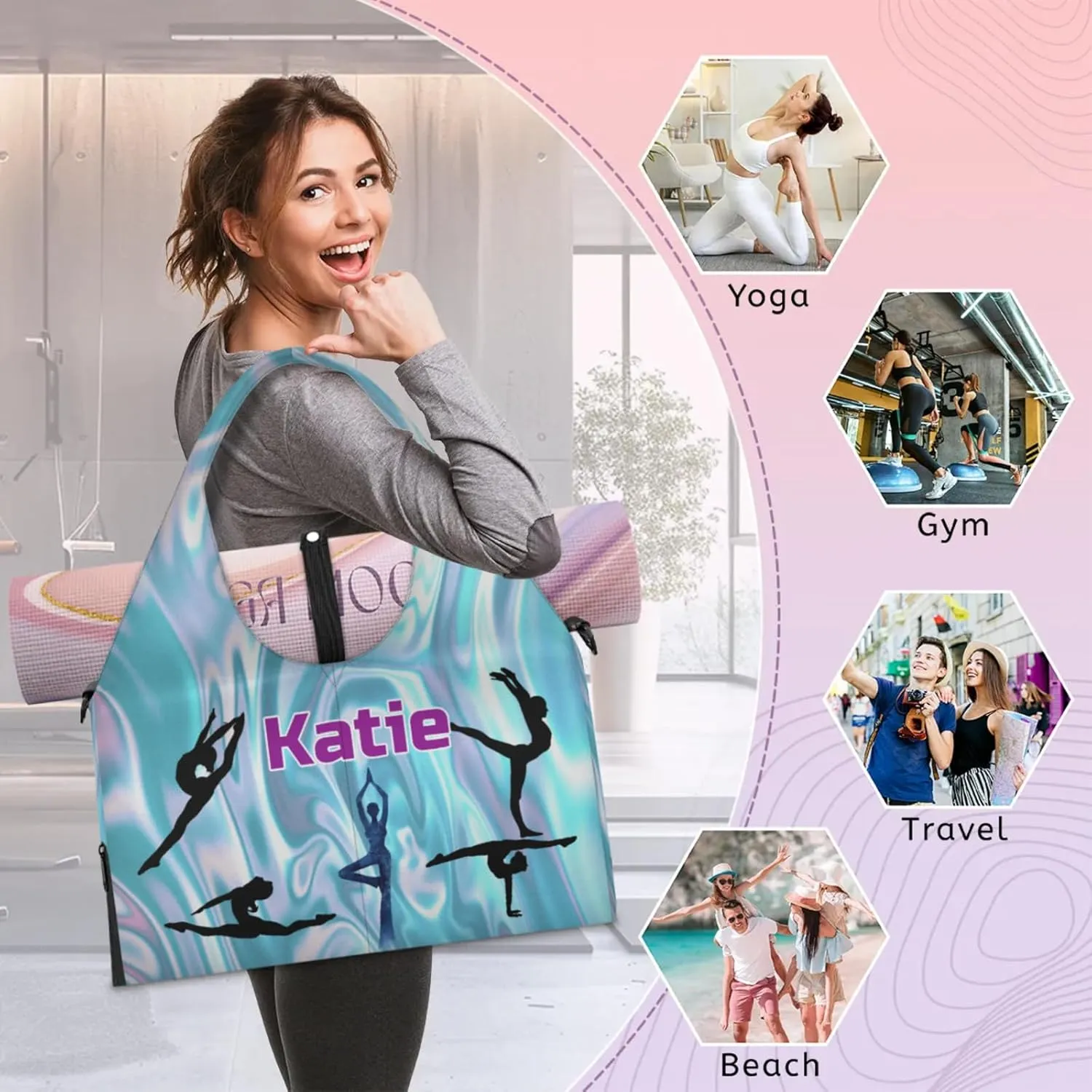 Personalized Name Yoga Mat Bag with Shoe Compartment, Customize Travel Weekender Tote Sport Gym Duffel Bag for Women