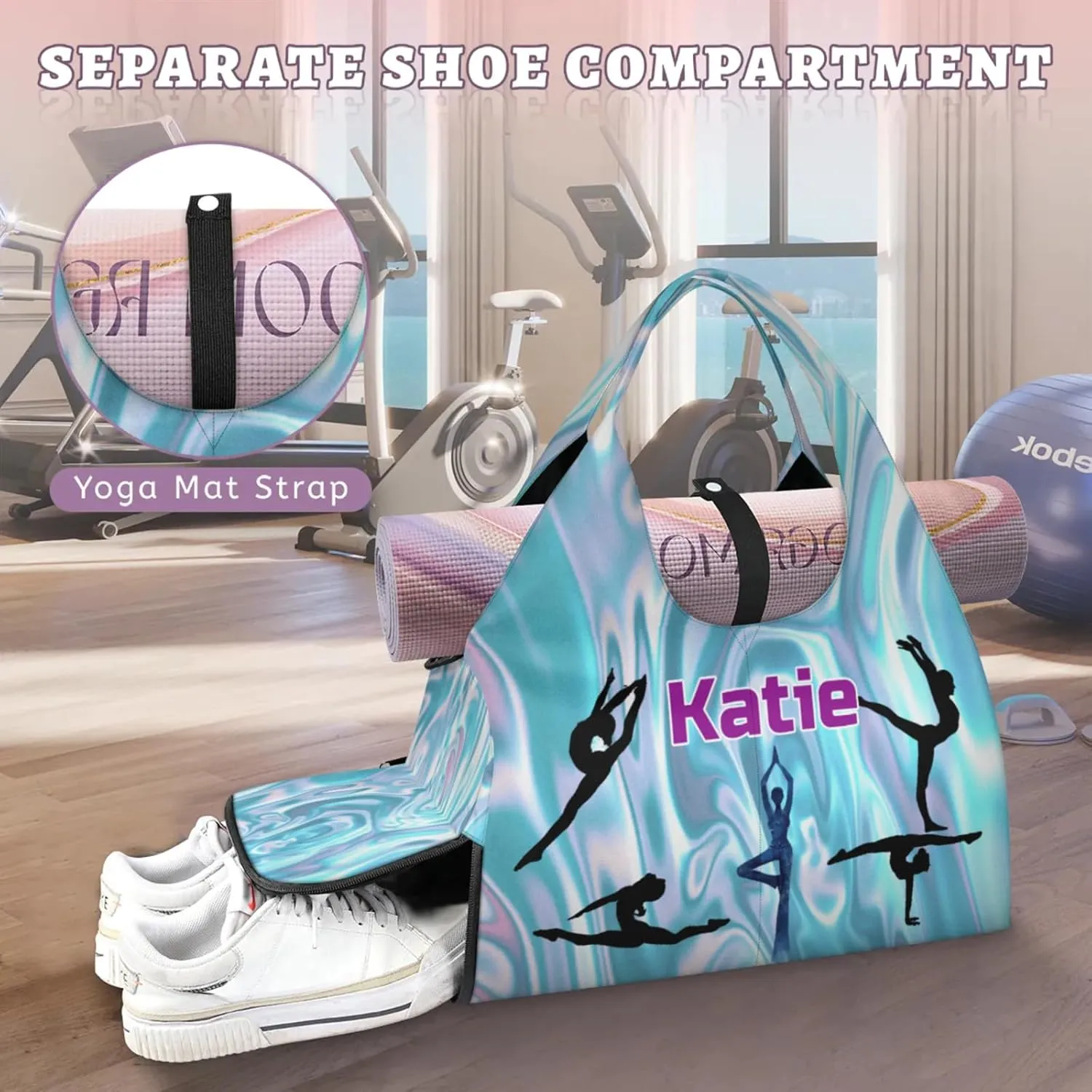 Personalized Name Yoga Mat Bag with Shoe Compartment, Customize Travel Weekender Tote Sport Gym Duffel Bag for Women