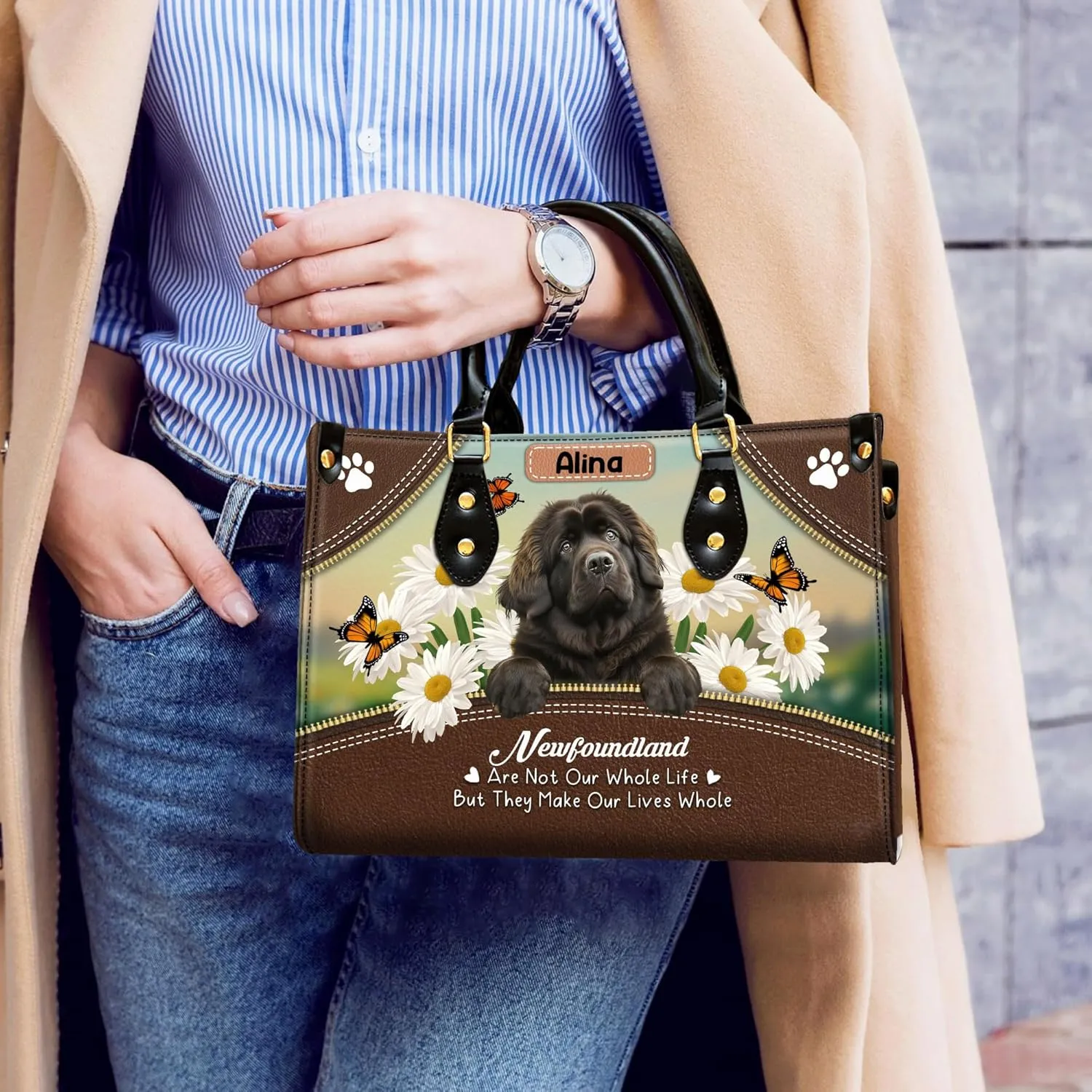Personalized Newfoundland Dog Handbags, Custom Name Dog Leather Bags, Purses, Shoulder Bag, Gift For Dog Mom Dog Lover