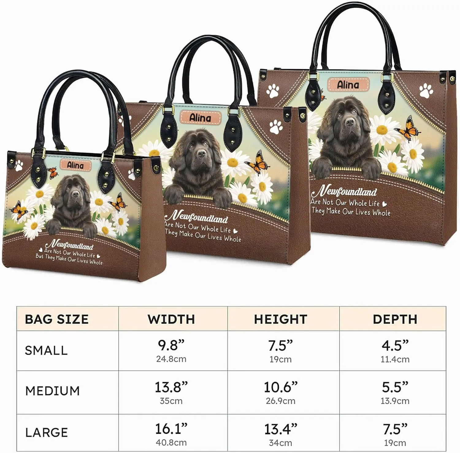 Personalized Newfoundland Dog Handbags, Custom Name Dog Leather Bags, Purses, Shoulder Bag, Gift For Dog Mom Dog Lover