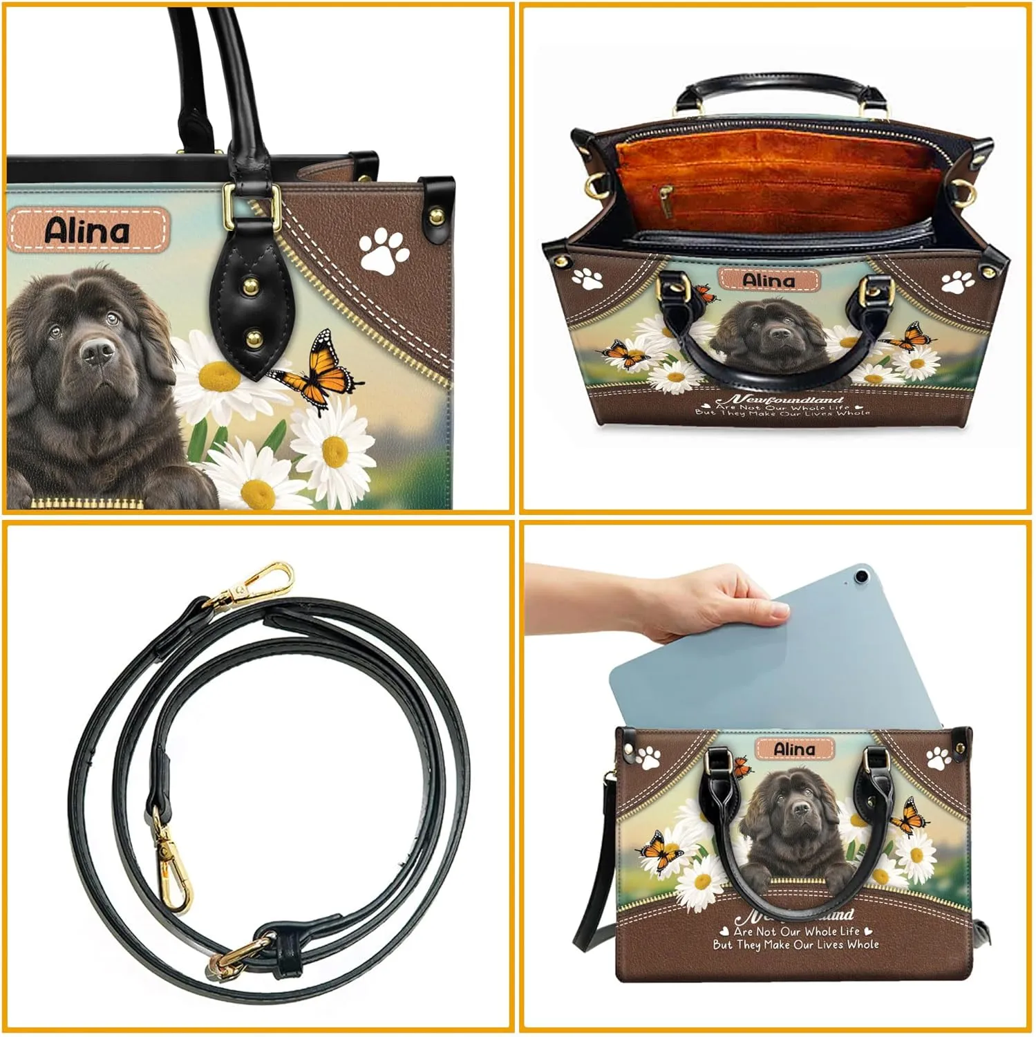 Personalized Newfoundland Dog Handbags, Custom Name Dog Leather Bags, Purses, Shoulder Bag, Gift For Dog Mom Dog Lover