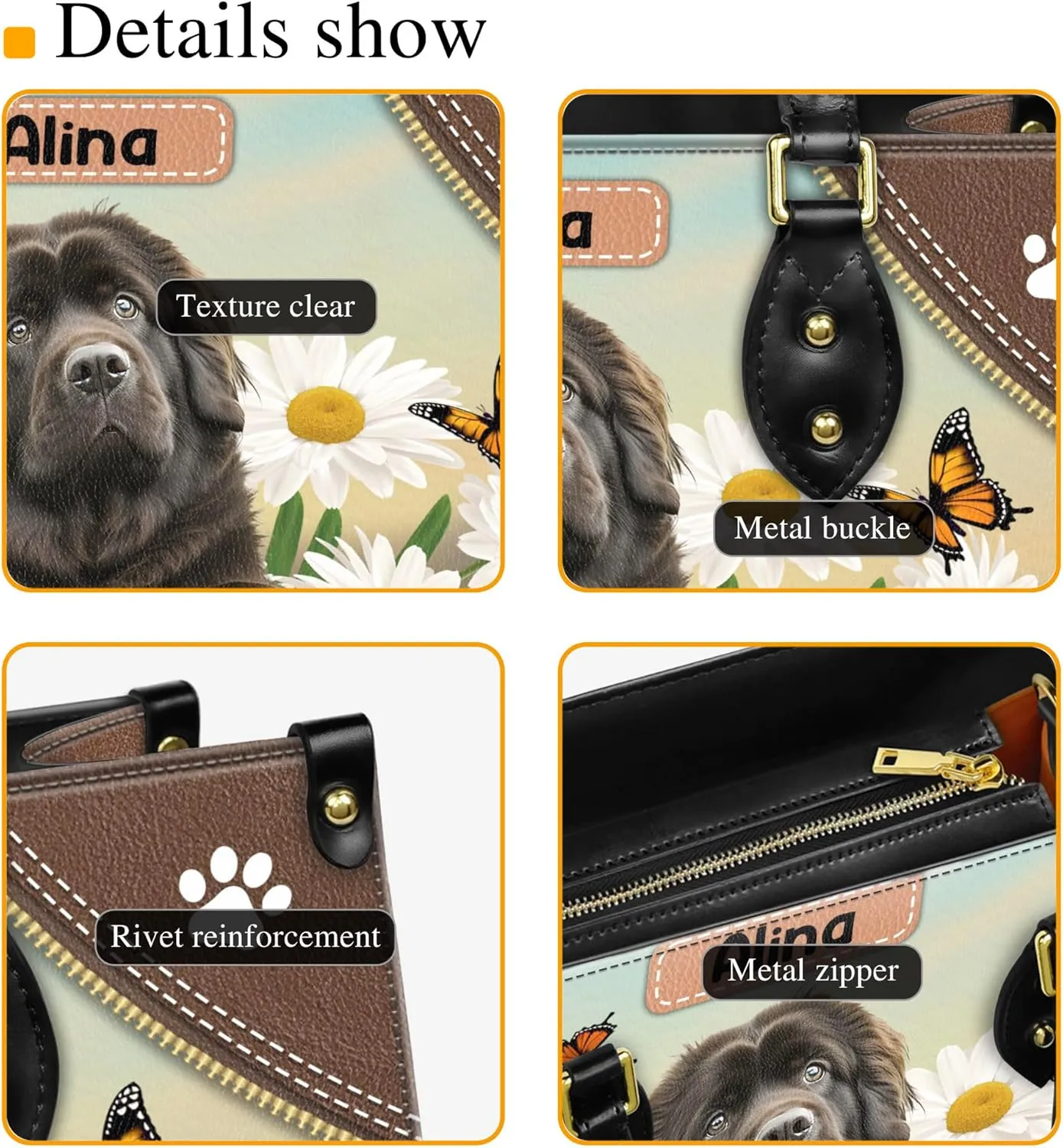 Personalized Newfoundland Dog Handbags, Custom Name Dog Leather Bags, Purses, Shoulder Bag, Gift For Dog Mom Dog Lover