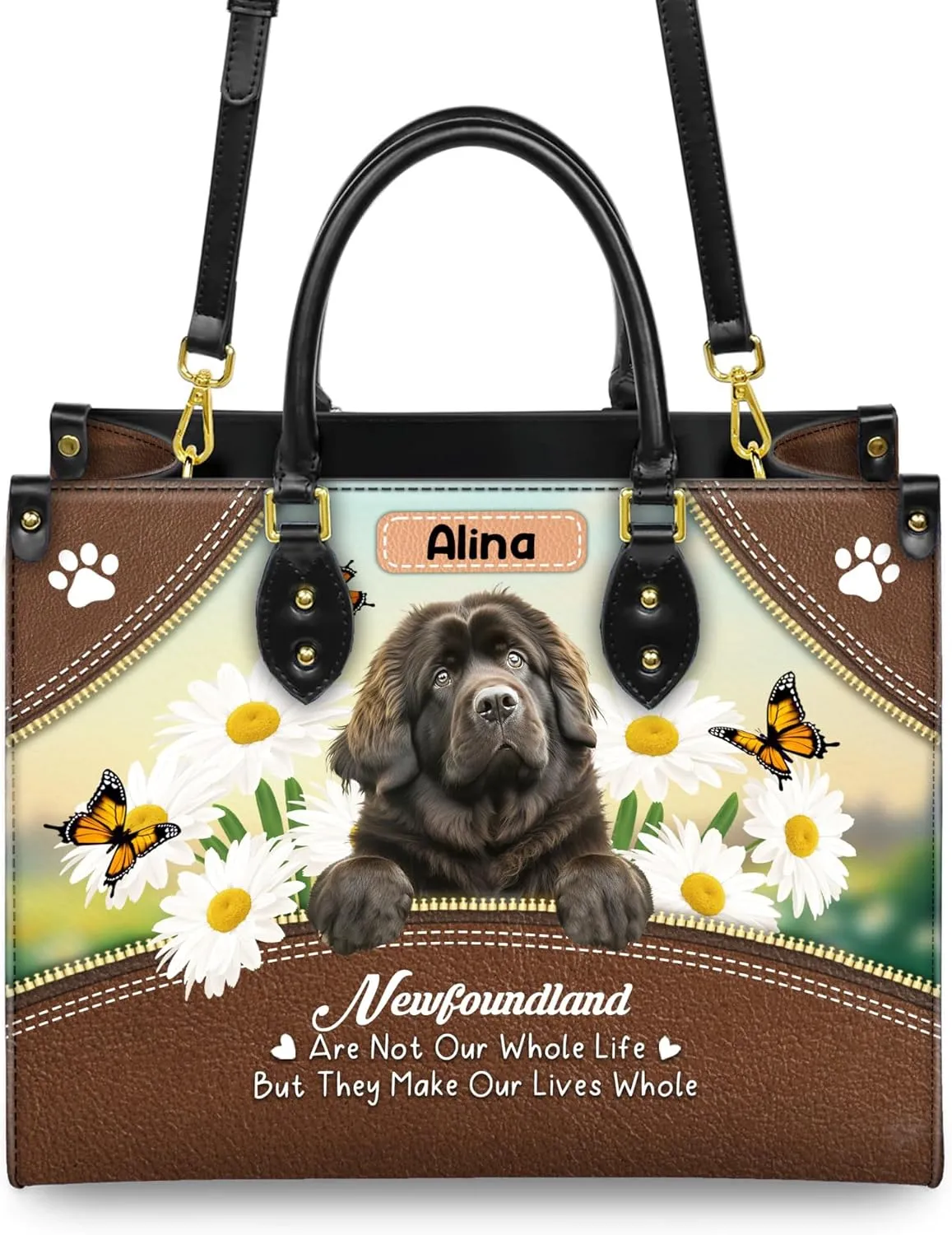 Personalized Newfoundland Dog Handbags, Custom Name Dog Leather Bags, Purses, Shoulder Bag, Gift For Dog Mom Dog Lover