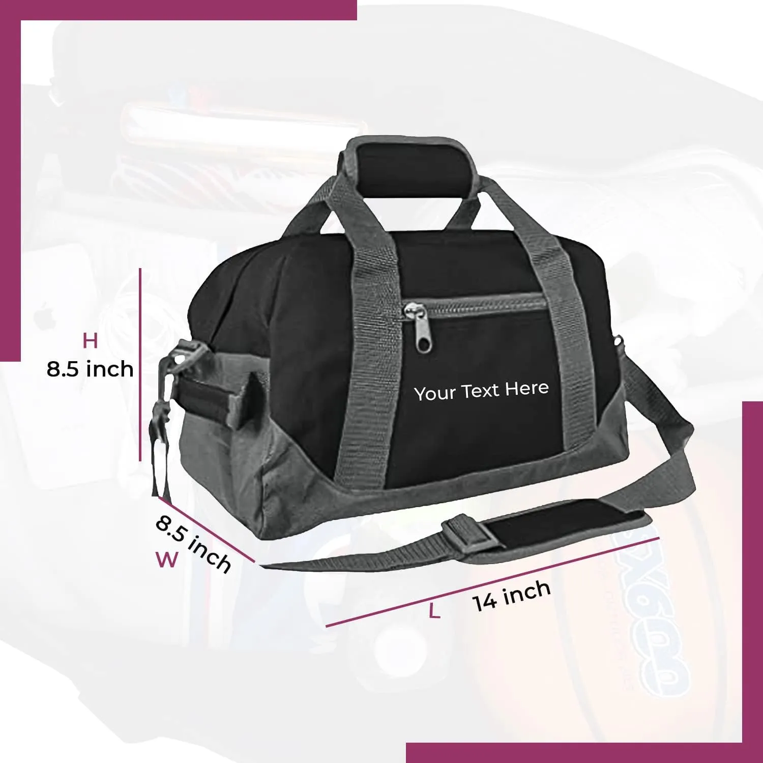 Personalized Passion Small Duffle Bag for Boys and Girls - Perfect Sized 14” Two Toned Travel Duffle - Personalized Name Sports Gym Bag for Storage - Black/Gray