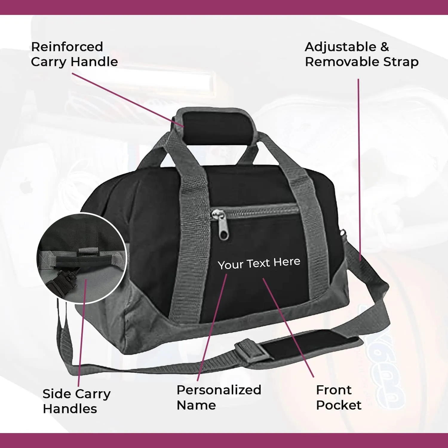 Personalized Passion Small Duffle Bag for Boys and Girls - Perfect Sized 14” Two Toned Travel Duffle - Personalized Name Sports Gym Bag for Storage - Black/Gray