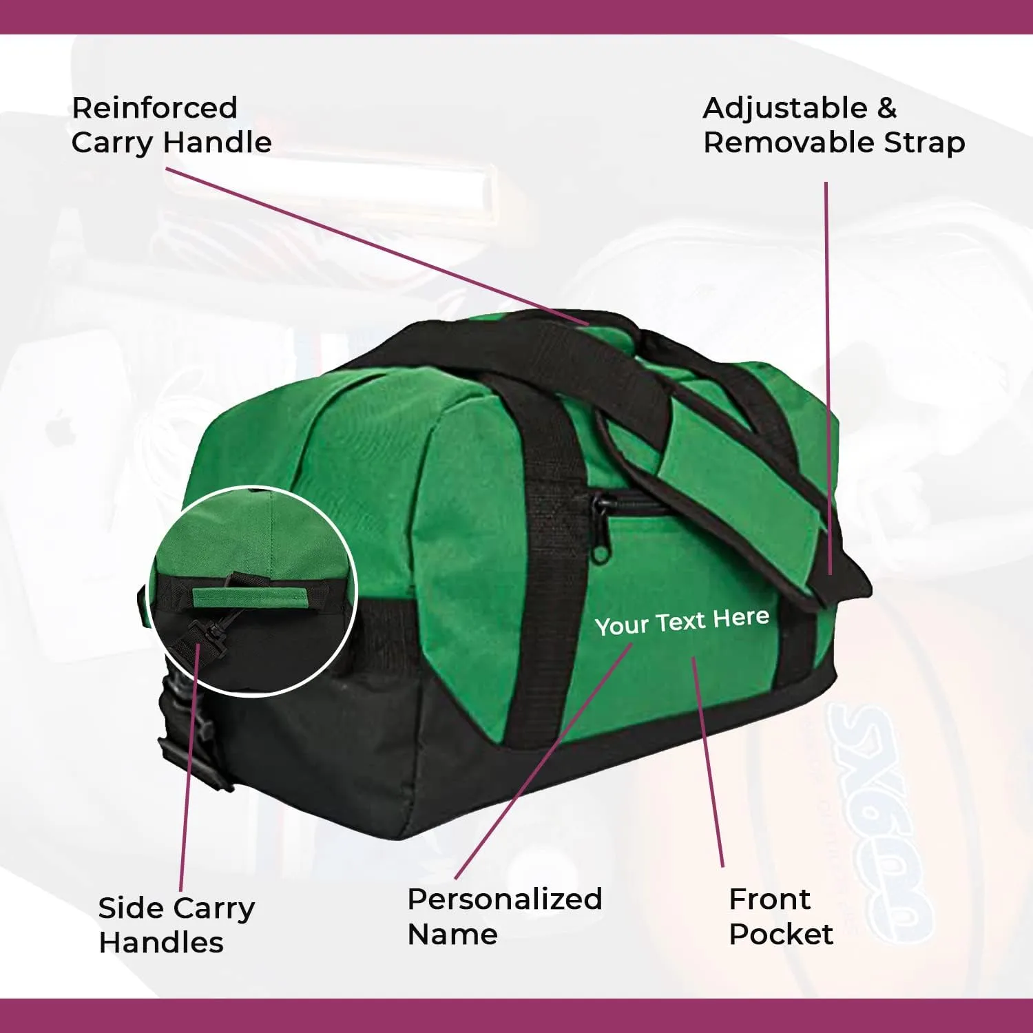 Personalized Passion Small Duffle Bag for Boys and Girls - Perfect Sized 14” Two Toned Travel Duffle - Personalized Name Sports Gym Bag for Storage - Dark Green