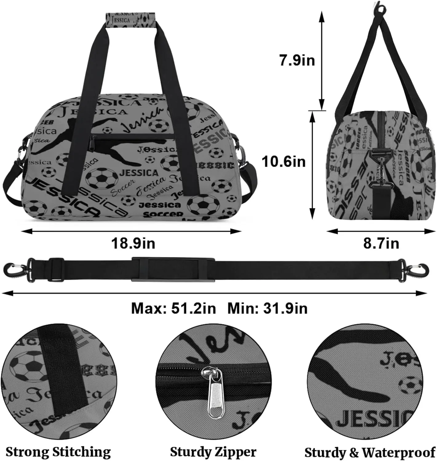 Personalized Soccer Sports Duffel Bag for Women, Custom Travel Gym Bags Birthday Gifts with Your Name, Cheer Dance Overnight Weekender Bag Black