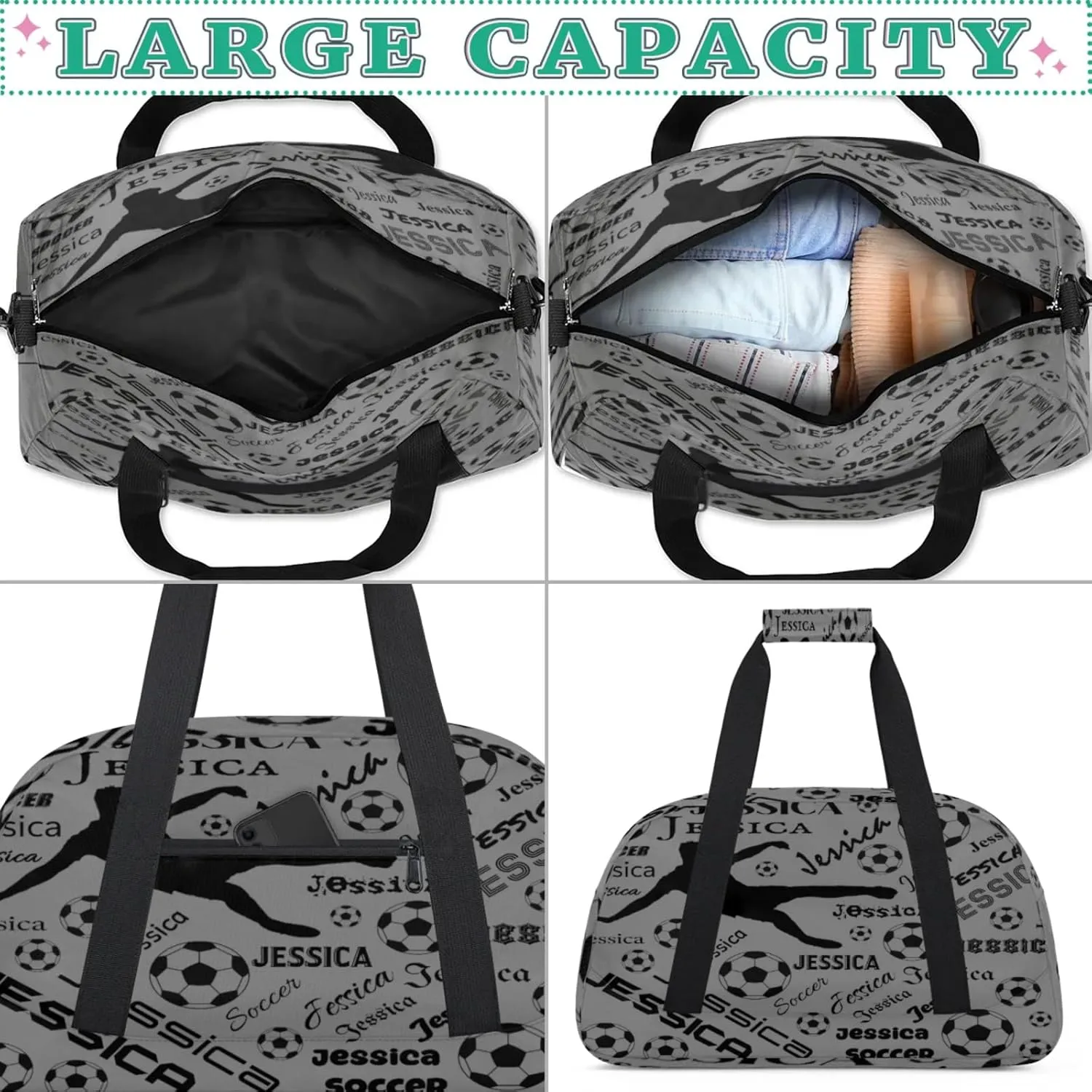 Personalized Soccer Sports Duffel Bag for Women, Custom Travel Gym Bags Birthday Gifts with Your Name, Cheer Dance Overnight Weekender Bag Black