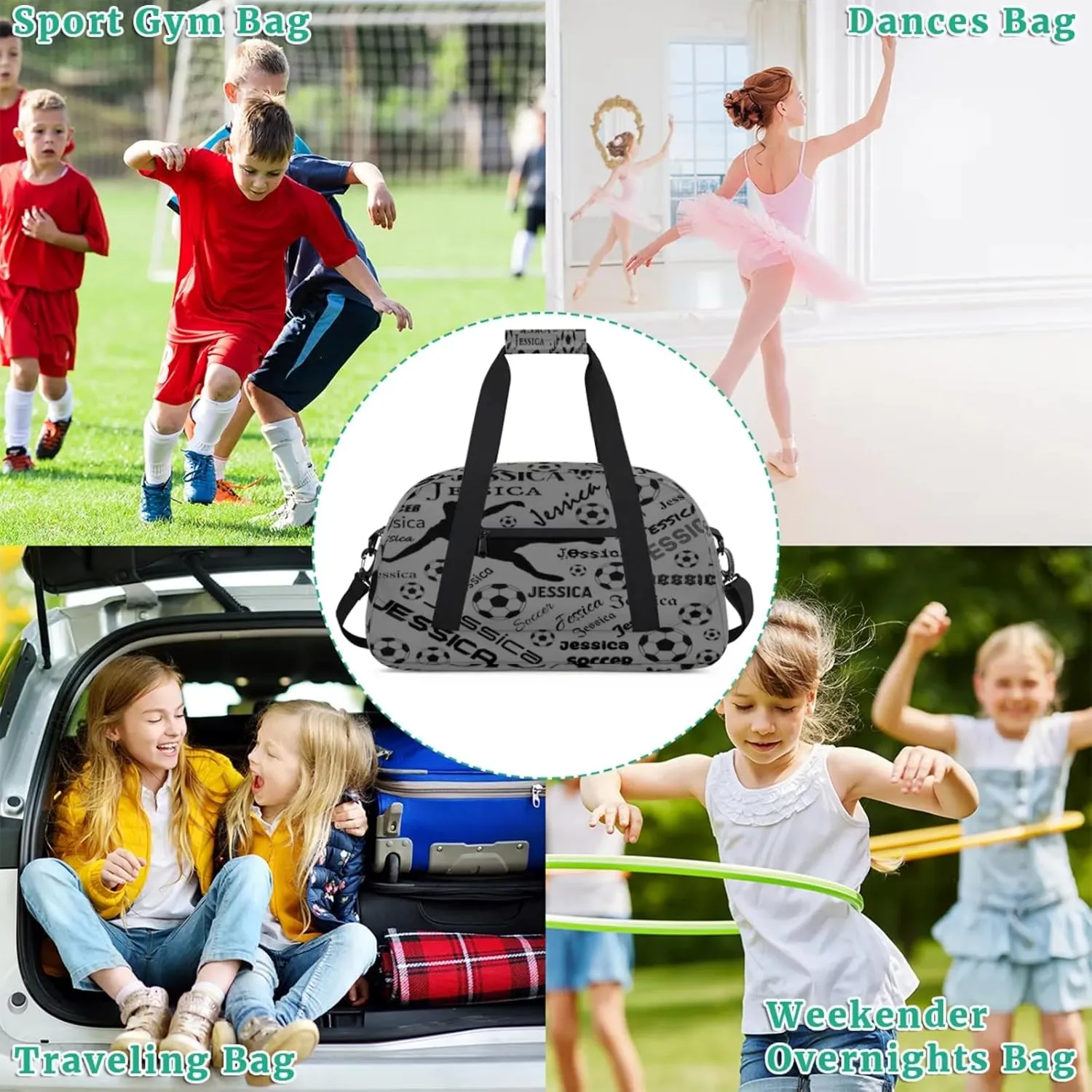 Personalized Soccer Sports Duffel Bag for Women, Custom Travel Gym Bags Birthday Gifts with Your Name, Cheer Dance Overnight Weekender Bag Black