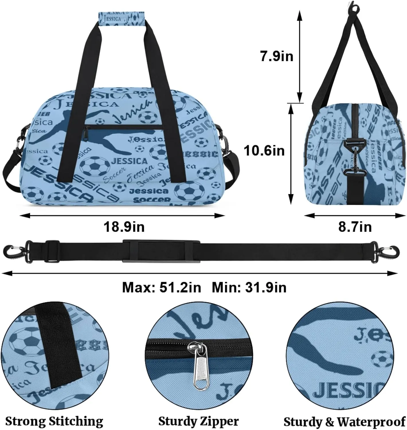 Personalized Soccer Sports Duffel Bag for Women, Custom Travel Gym Bags Birthday Gifts with Your Name, Cheer Dance Overnight Weekender Bag Blue