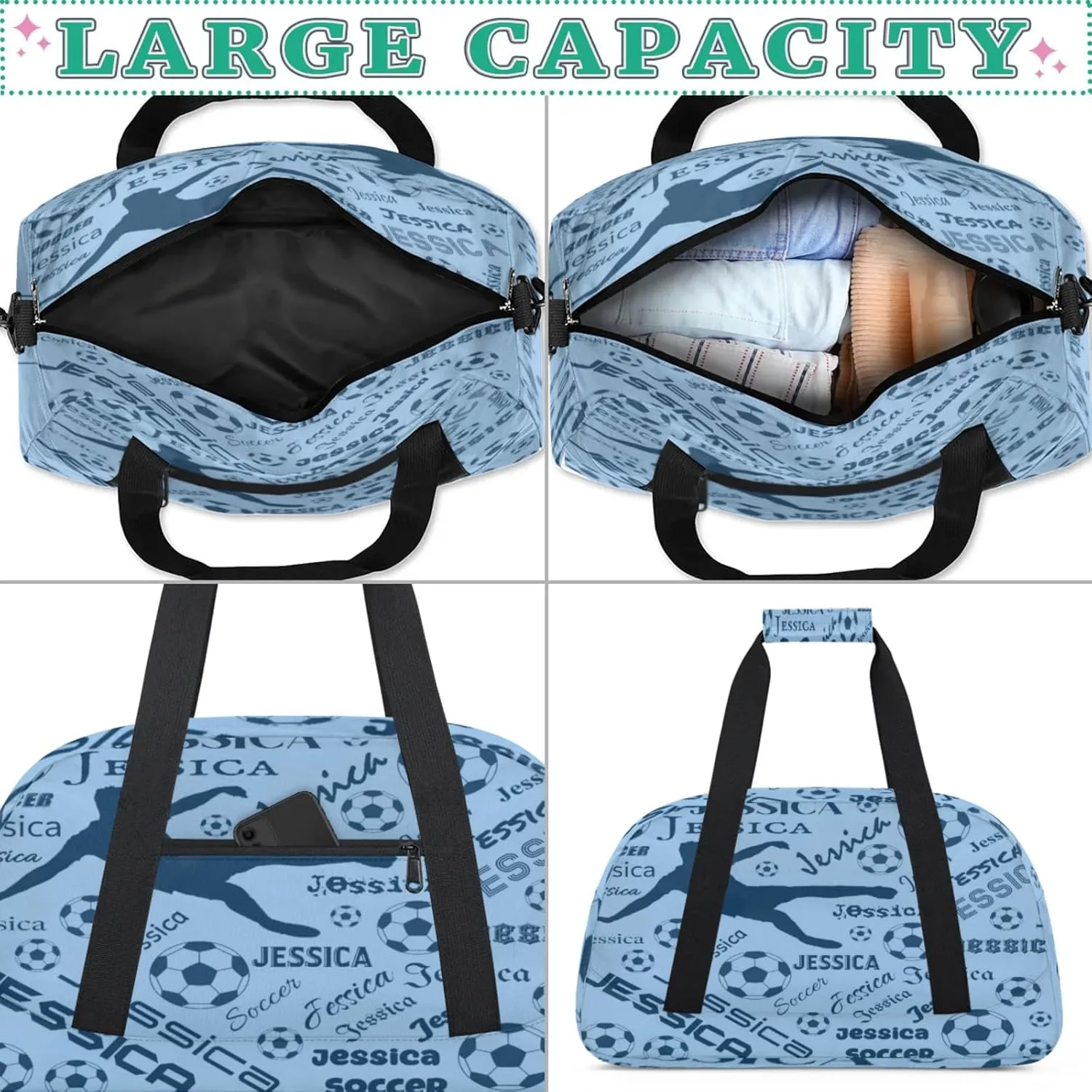 Personalized Soccer Sports Duffel Bag for Women, Custom Travel Gym Bags Birthday Gifts with Your Name, Cheer Dance Overnight Weekender Bag Blue