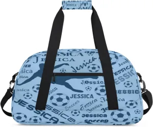 Personalized Soccer Sports Duffel Bag for Women, Custom Travel Gym Bags Birthday Gifts with Your Name, Cheer Dance Overnight Weekender Bag Blue