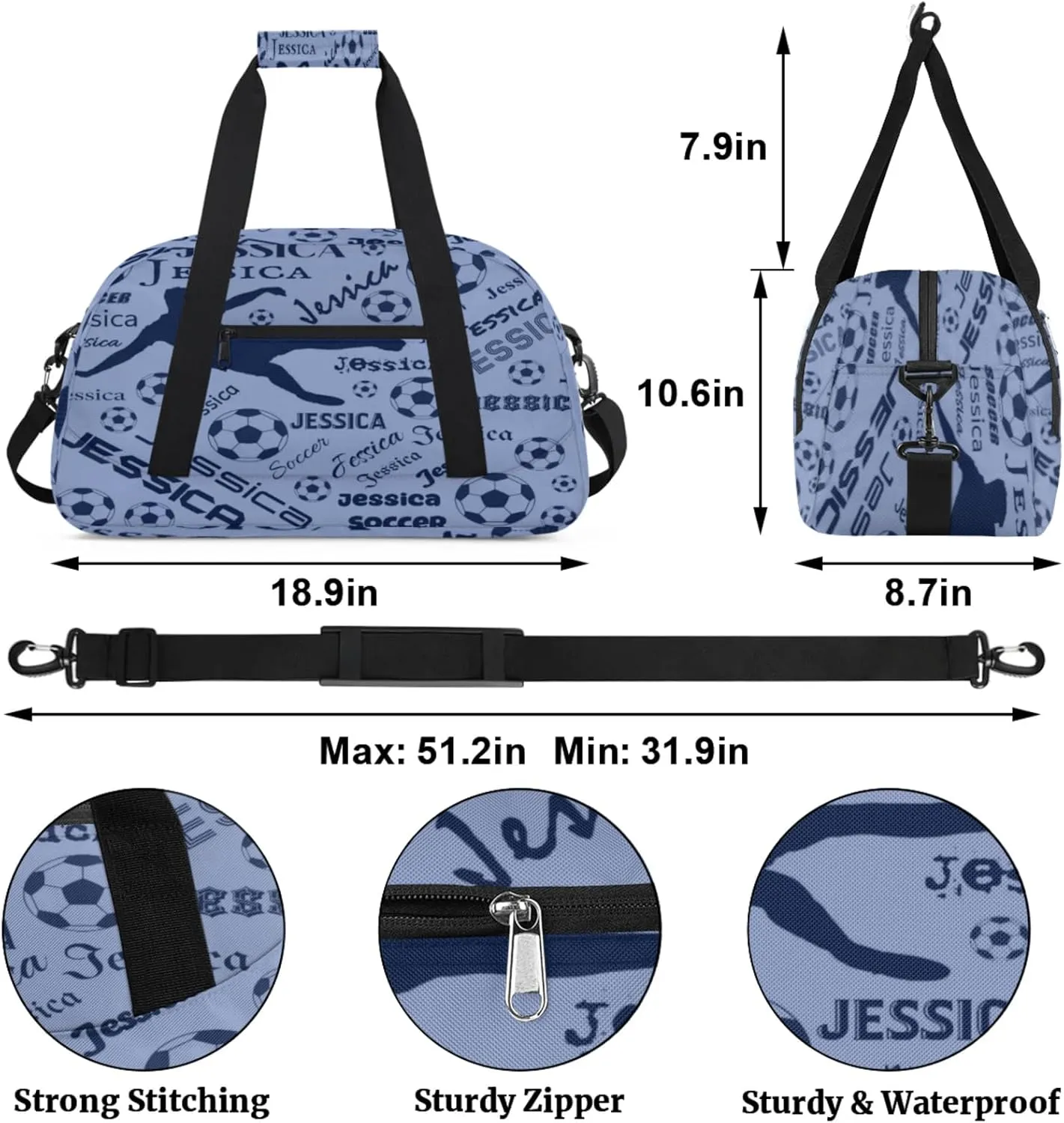 Personalized Soccer Sports Duffel Bag for Women, Custom Travel Gym Bags Birthday Gifts with Your Name, Cheer Dance Overnight Weekender Bag Cobalt Blue