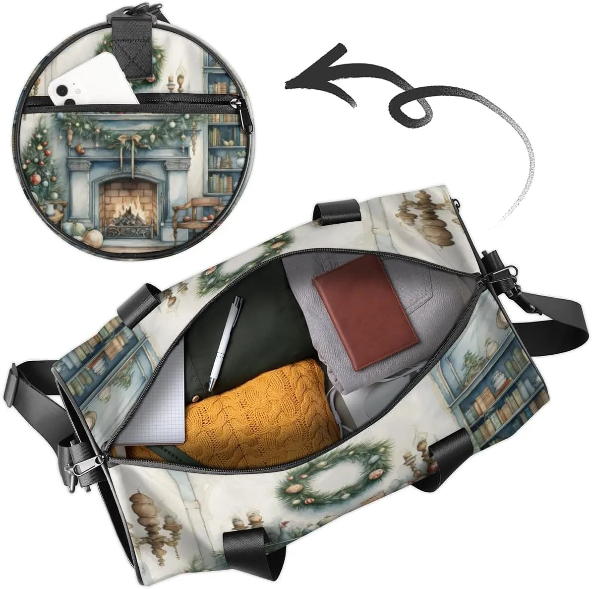Personalized Sport Gym Bag Dance Duffle Ballet Bag Overnight Travel Sleepover Bags Swimming Hiking Camping, Christmas Fireplace
