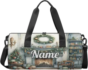 Personalized Sport Gym Bag Dance Duffle Ballet Bag Overnight Travel Sleepover Bags Swimming Hiking Camping, Christmas Fireplace