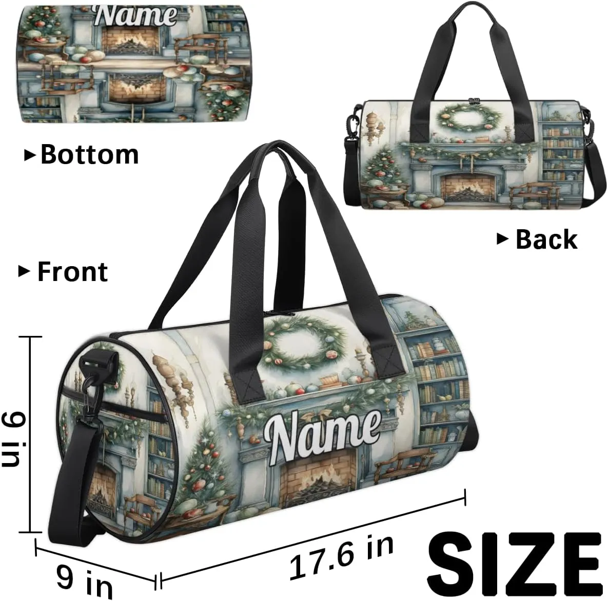 Personalized Sport Gym Bag Dance Duffle Ballet Bag Overnight Travel Sleepover Bags Swimming Hiking Camping, Christmas Fireplace