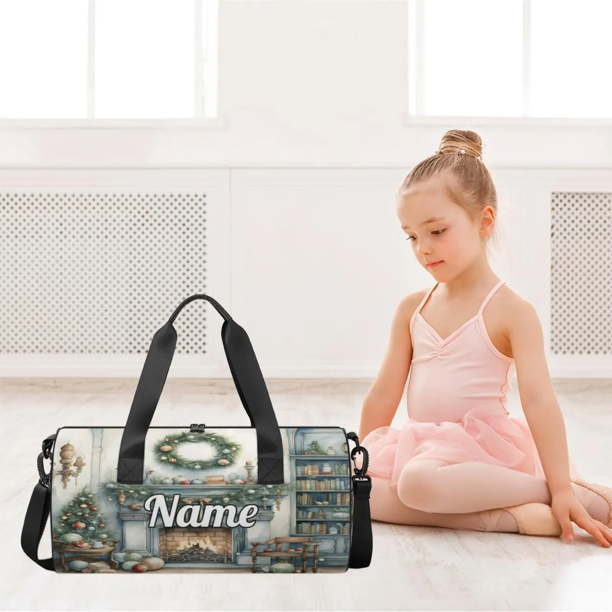 Personalized Sport Gym Bag Dance Duffle Ballet Bag Overnight Travel Sleepover Bags Swimming Hiking Camping, Christmas Fireplace