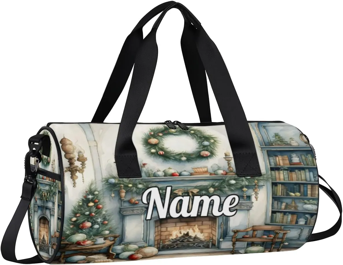Personalized Sport Gym Bag Dance Duffle Ballet Bag Overnight Travel Sleepover Bags Swimming Hiking Camping, Christmas Fireplace