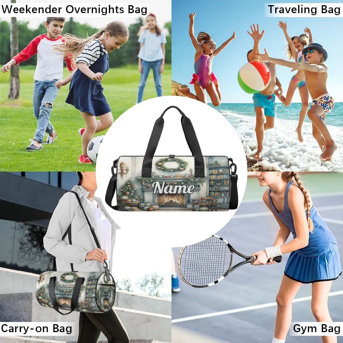 Personalized Sport Gym Bag Dance Duffle Ballet Bag Overnight Travel Sleepover Bags Swimming Hiking Camping, Christmas Fireplace