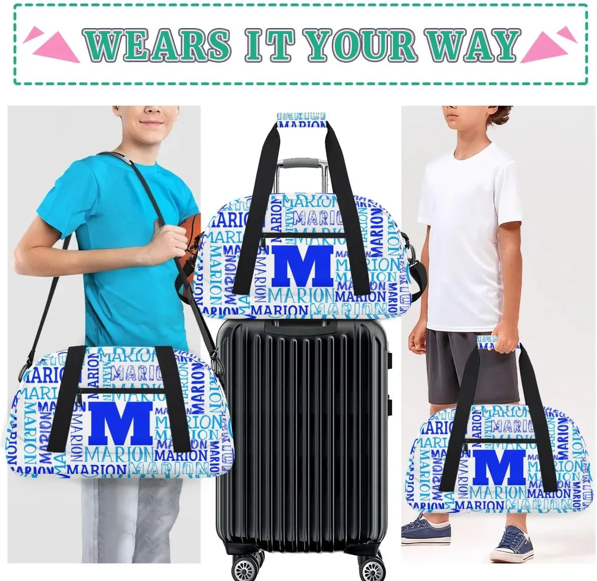 Personalized Sport Gym Bag Duffel Bag for Boys Girls, Custom Name Dance Bag Weekender Bags Travel Duffel Bag Tote Bag for Kids White Blue