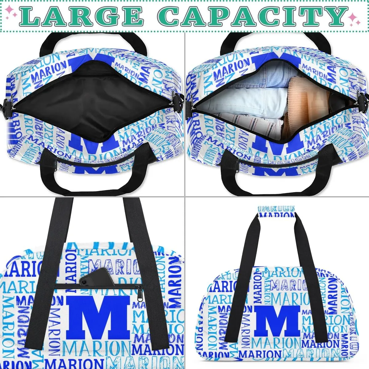 Personalized Sport Gym Bag Duffel Bag for Boys Girls, Custom Name Dance Bag Weekender Bags Travel Duffel Bag Tote Bag for Kids White Blue